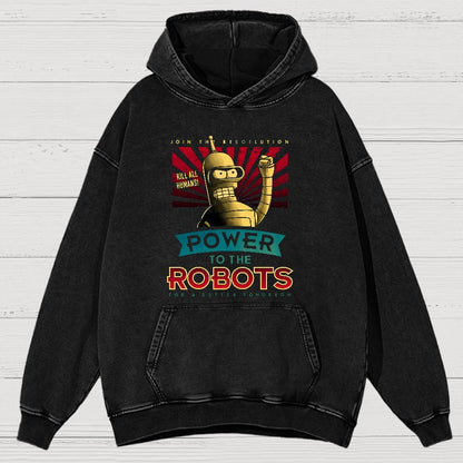 Power To The Robots Vintage Distressed Hoodie