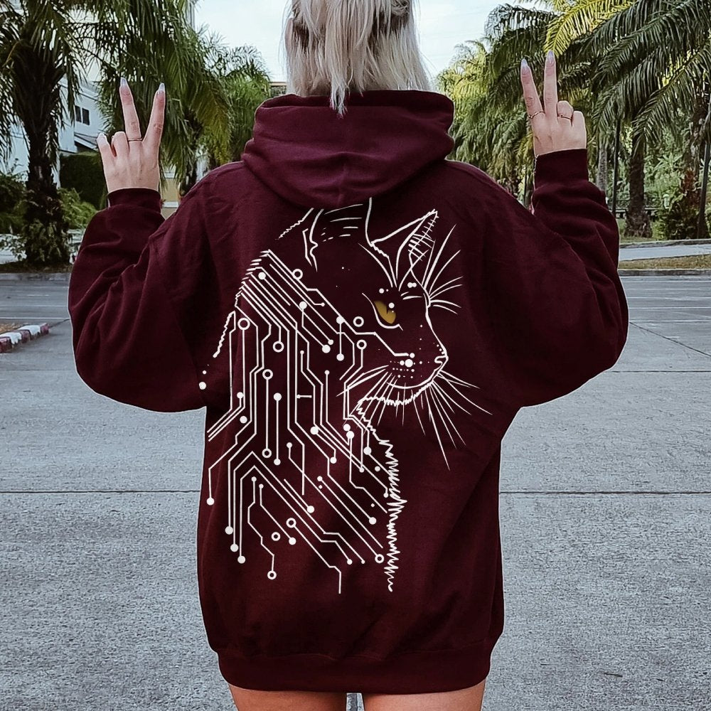 Cat Printed Back Cotton Hoodie