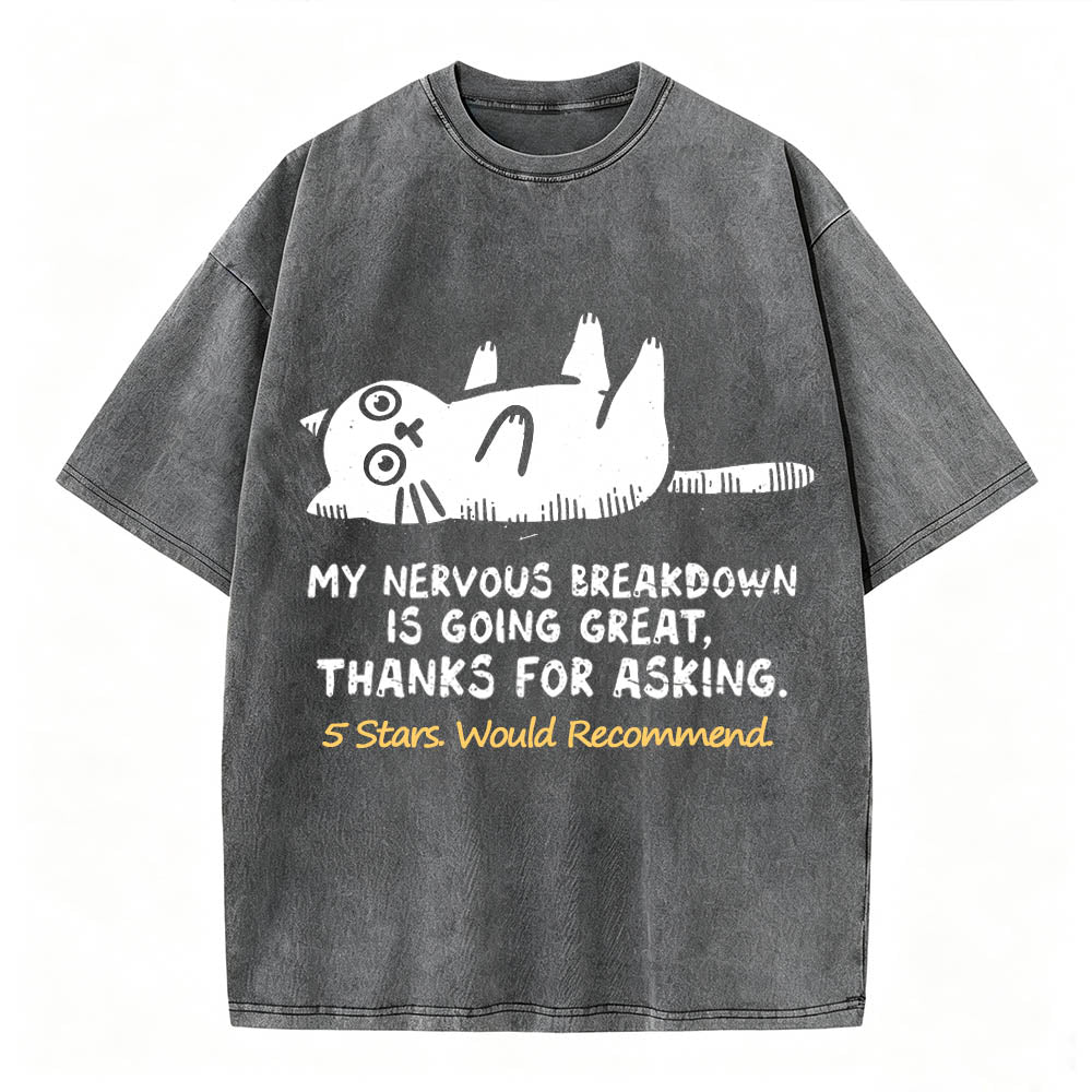 My Nervous Breakdown Is Going Great Thanks For Asking Funny Cat Vintage Washed Graphic Tee