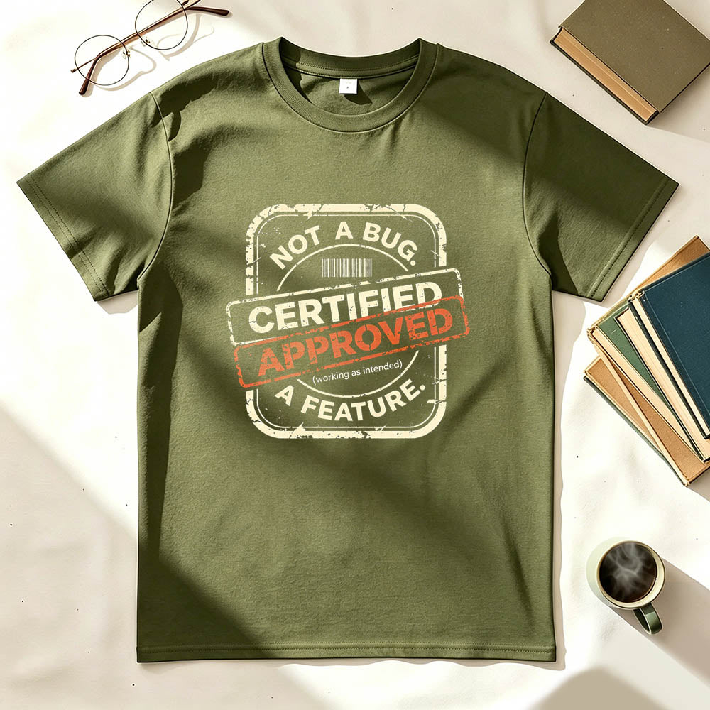 Not a Bug Certified Approved Working as Intended Funny Developer Graphic Tee