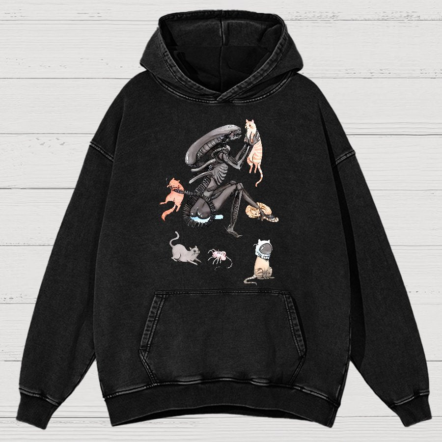 Funny Alien And Cat Vintage Distressed Hoodie