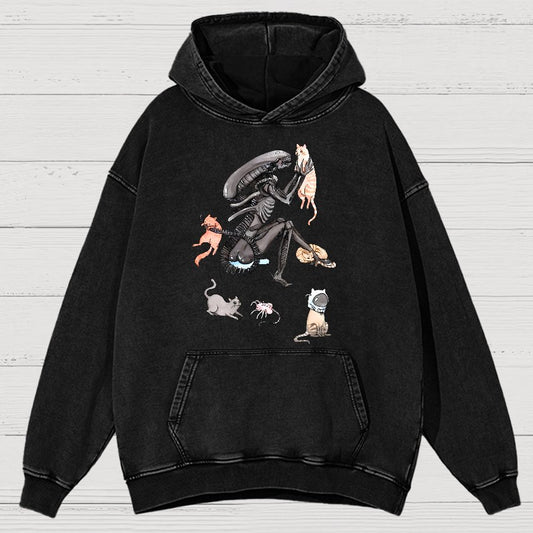 Funny Alien And Cat Vintage Distressed Hoodie