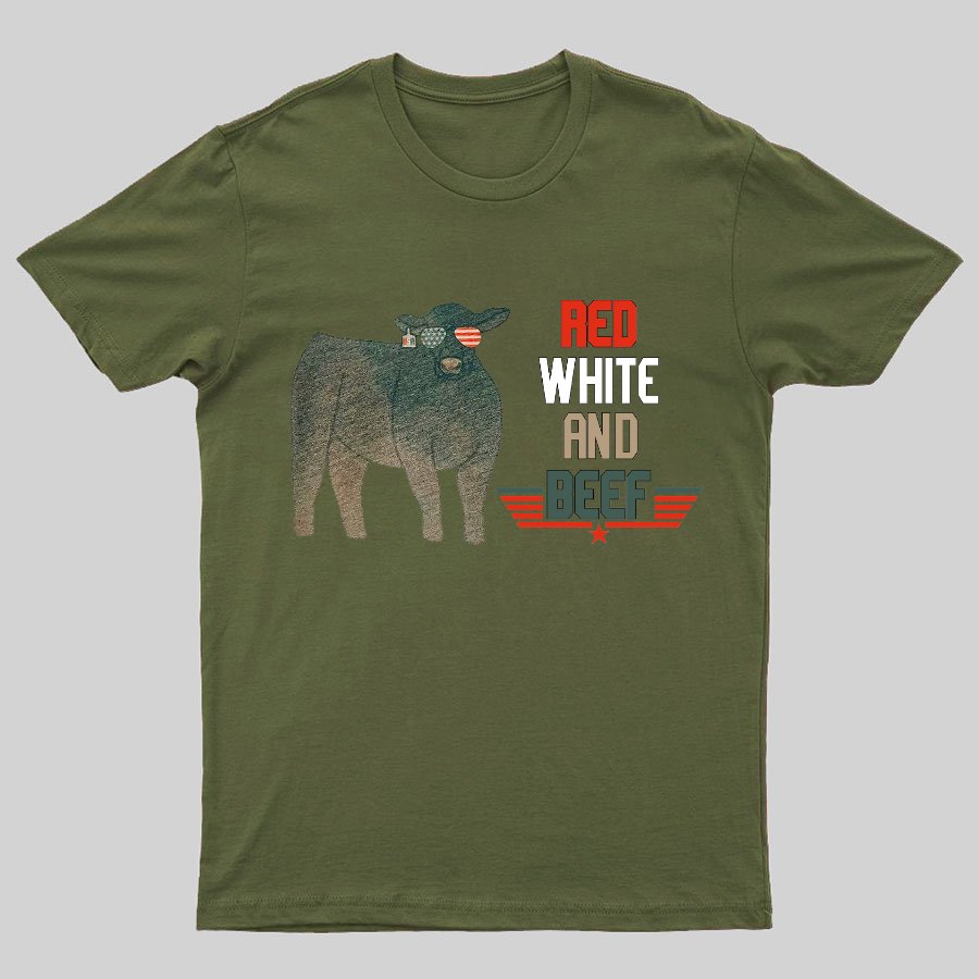 Red White And Beef Cattle Independence Day Geeky T-Shirt