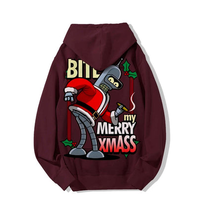 Happy Christmas From Robot Printed Back Cotton Hoodie