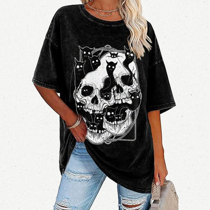 Cat Ghost Double Skull Vintage Distressed T-shirt