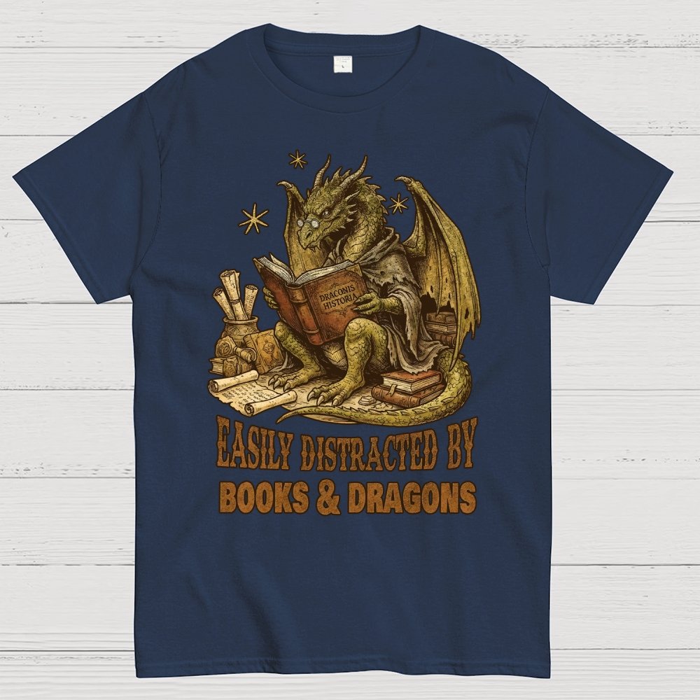 Easily Distracted By Books And Dragons Geek T-Shirt
