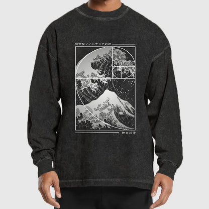 The Great Wave Of Fibonacci Spiral Geek Washed Long Sleeve Tee