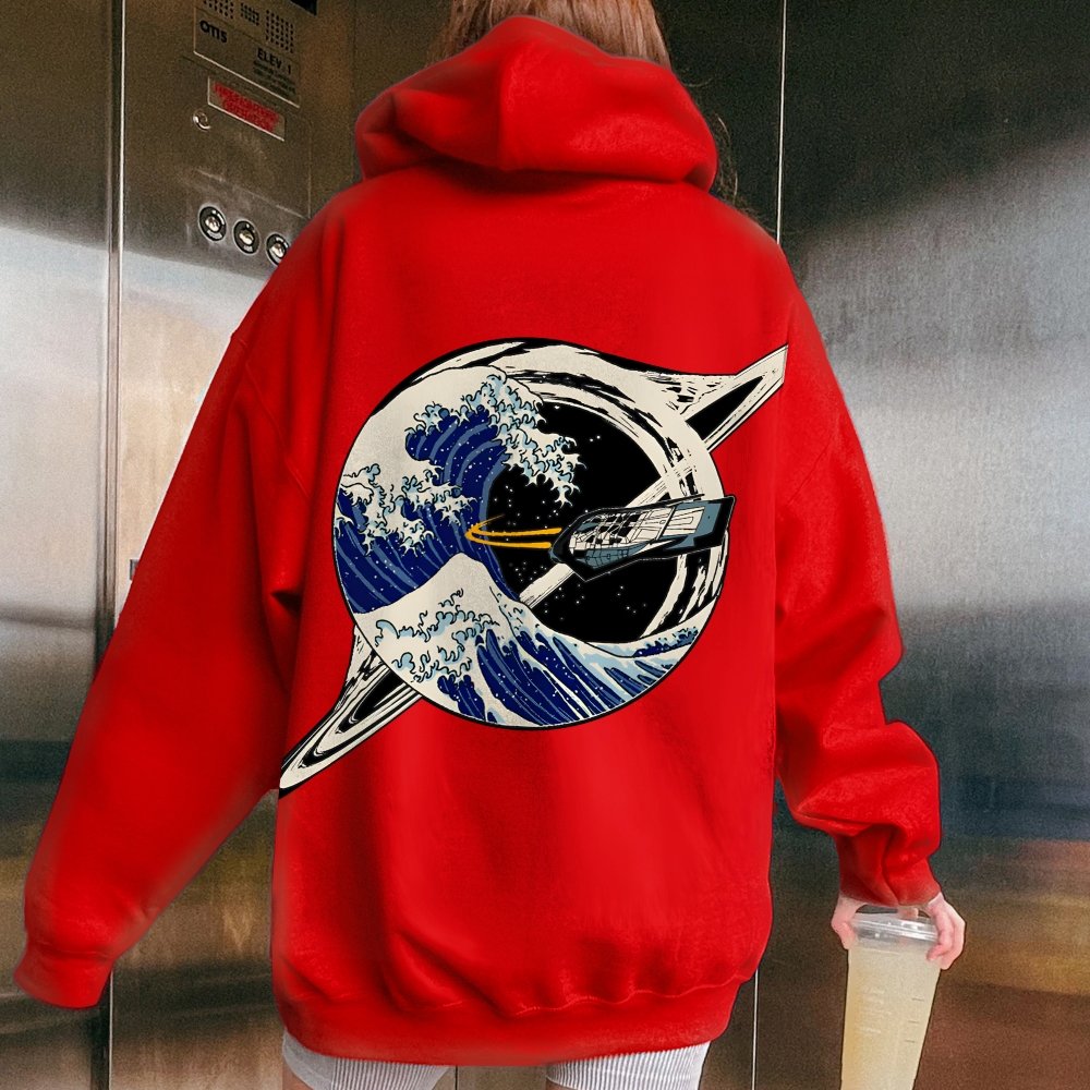 Interstellar Kanagawa Wave Printed Back Cotton Hoodie
