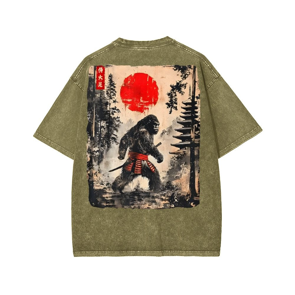 Funny Samurai Ukiyo-e Vintage Graphic Washed T-shirt