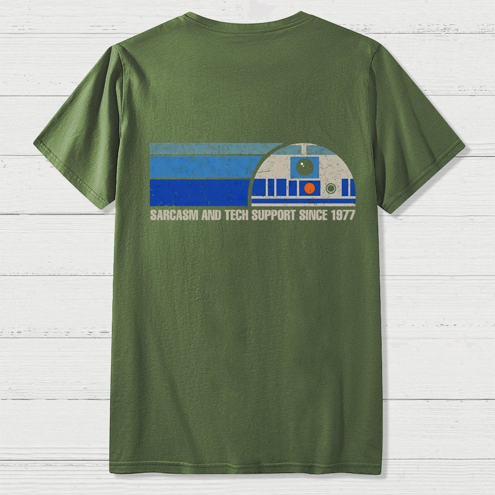Providing Sarcasm and Tech Support Since 1977  Back Printing Geek T-Shirt