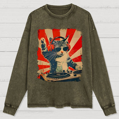 Rock Music Cat Washed Long Sleeve Tee