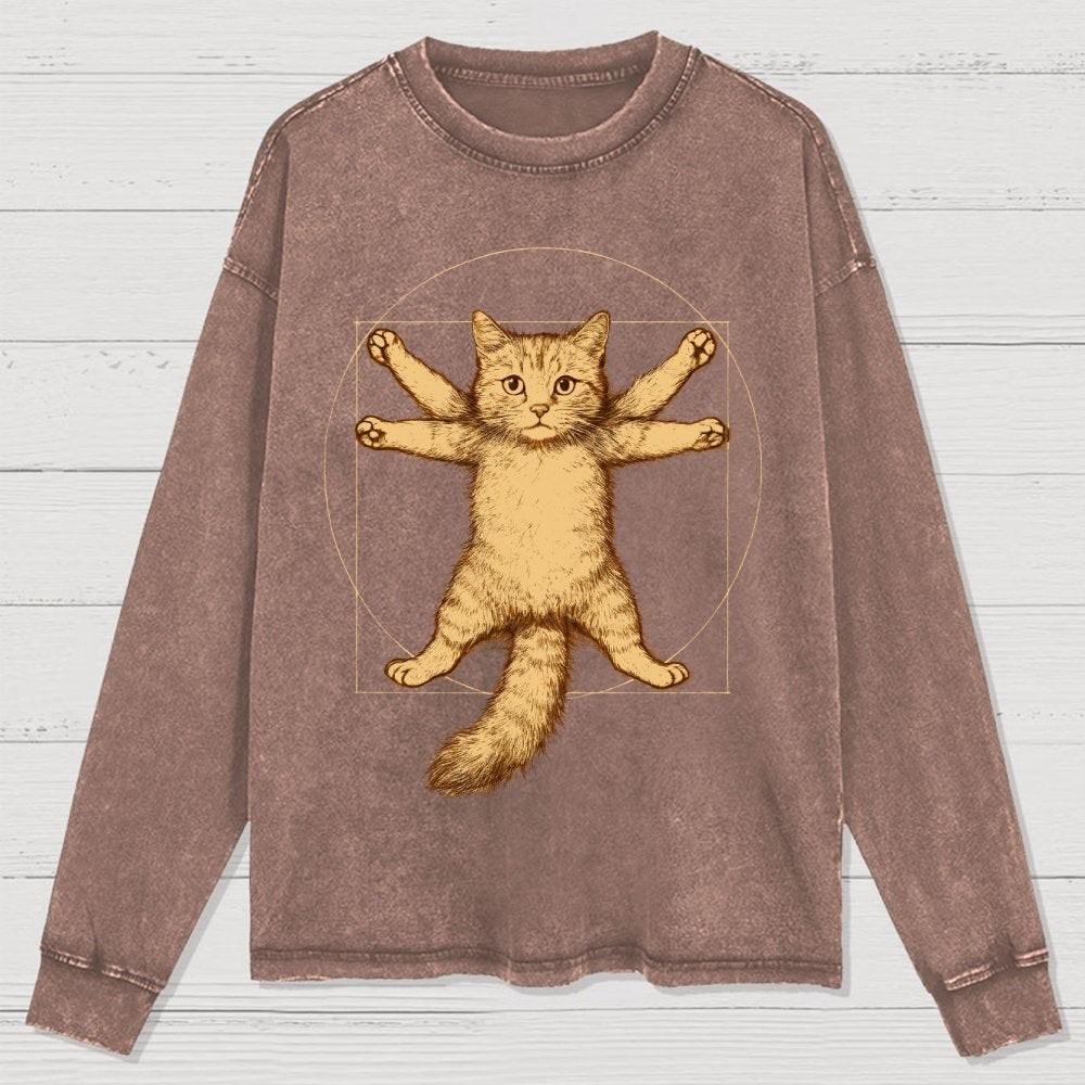 Leonardo Da Vinci-Inspired Vintage Cat Washed Long Sleeve Tee