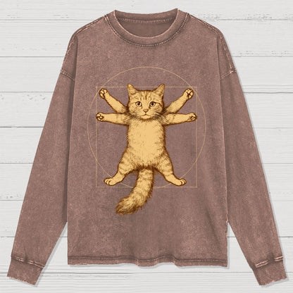 Leonardo Da Vinci-Inspired Vintage Cat Washed Long Sleeve Tee