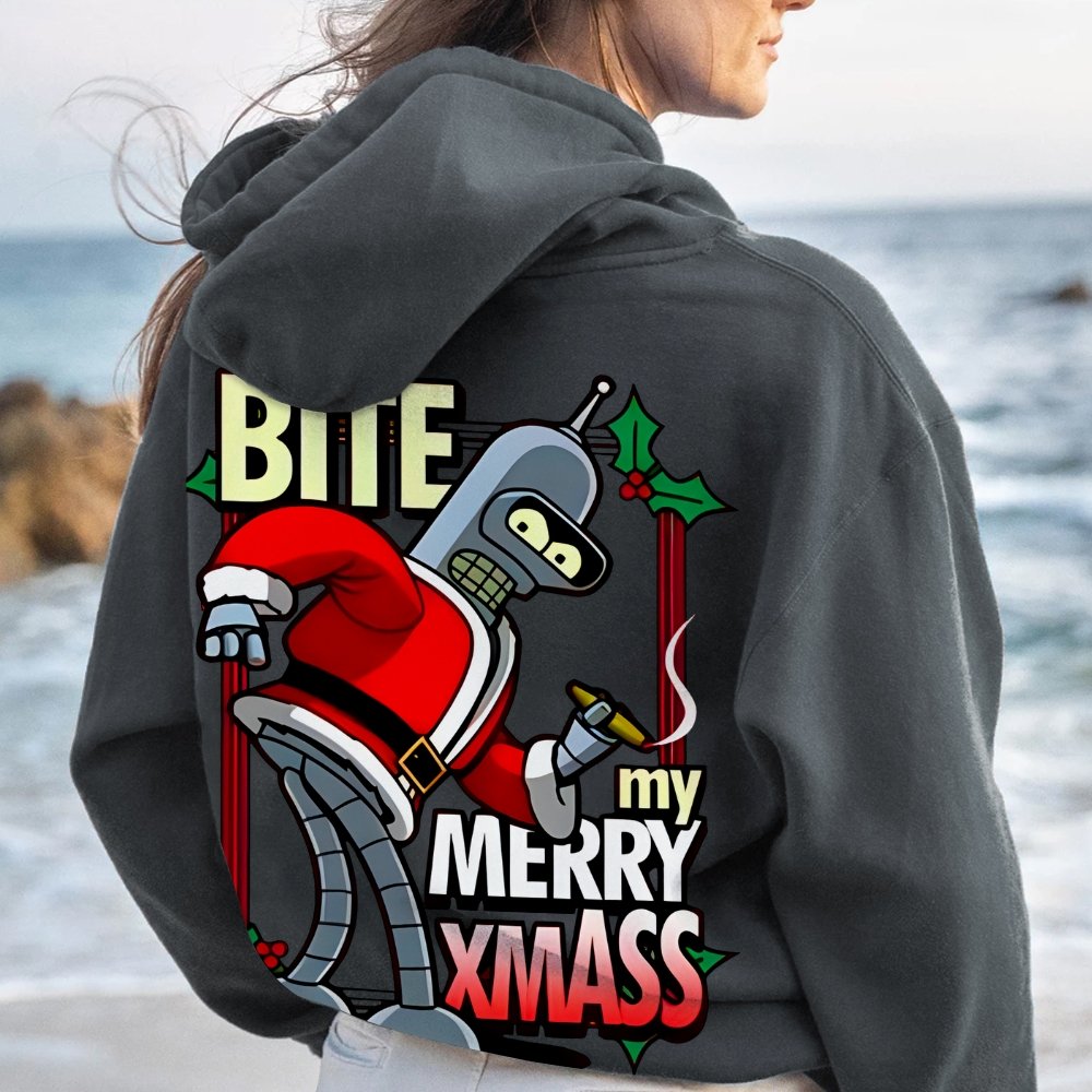 Happy Christmas From Robot Printed Back Cotton Hoodie