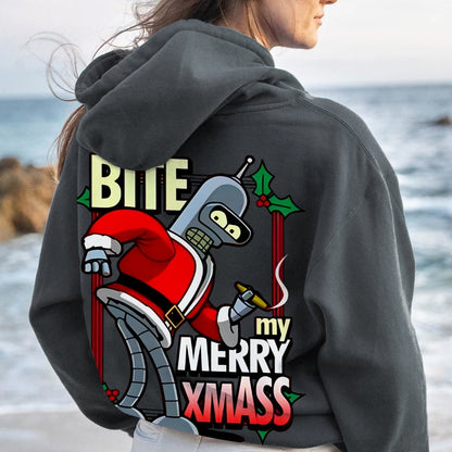 Happy Christmas From Robot Printed Back Cotton Hoodie
