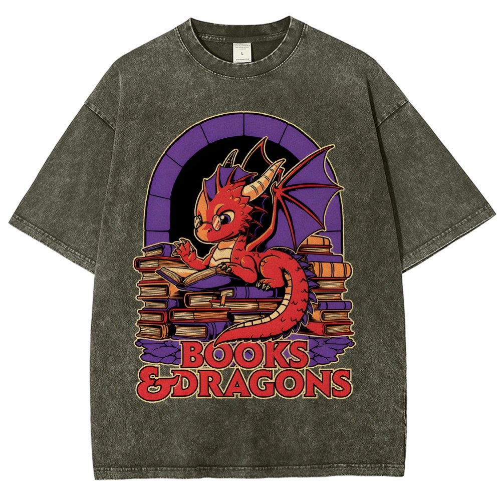 Books and Dragons Vintage Distressed T-shirt