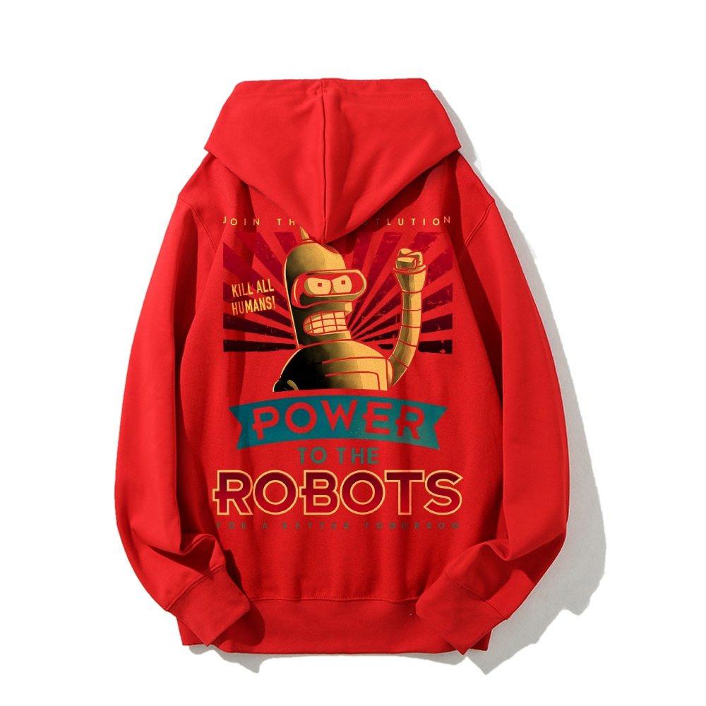 Power To The Robots Printed Back Cotton Hoodie