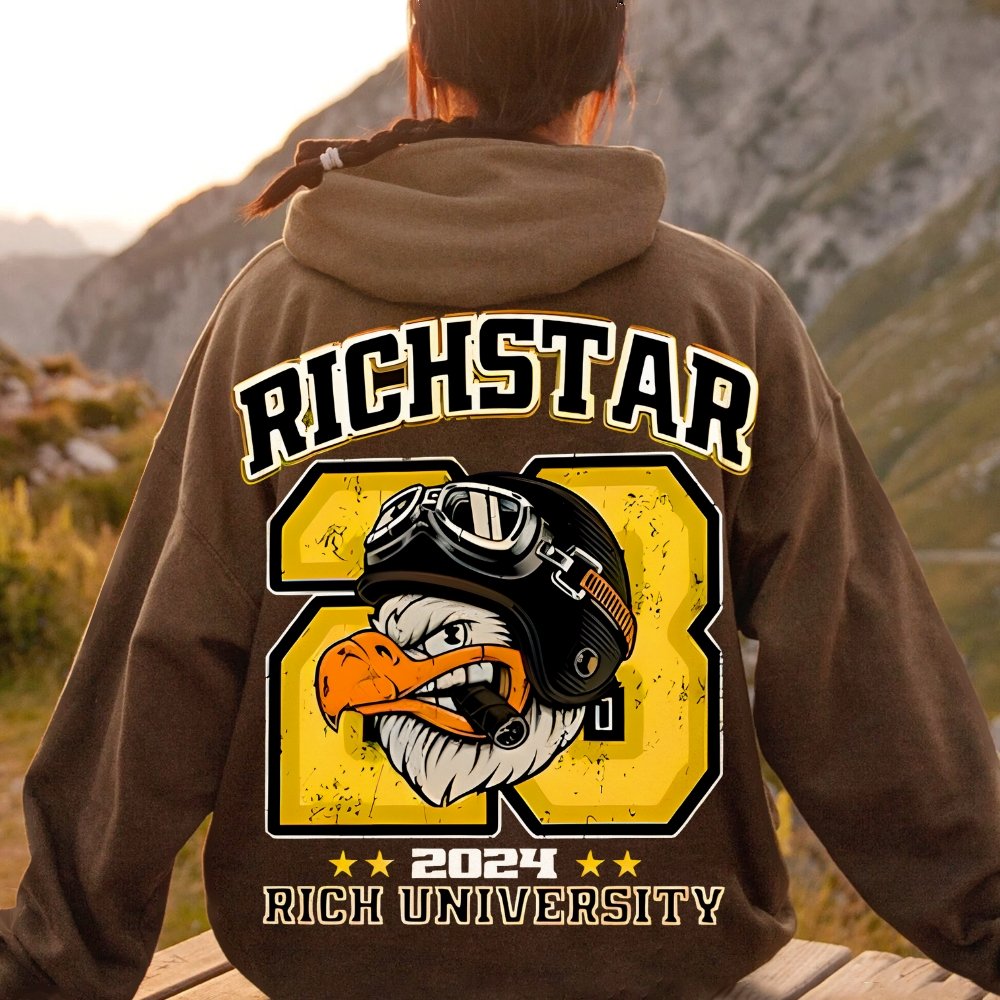 Vintage Rich Star Graphic Print Printed Back Cotton Hoodie