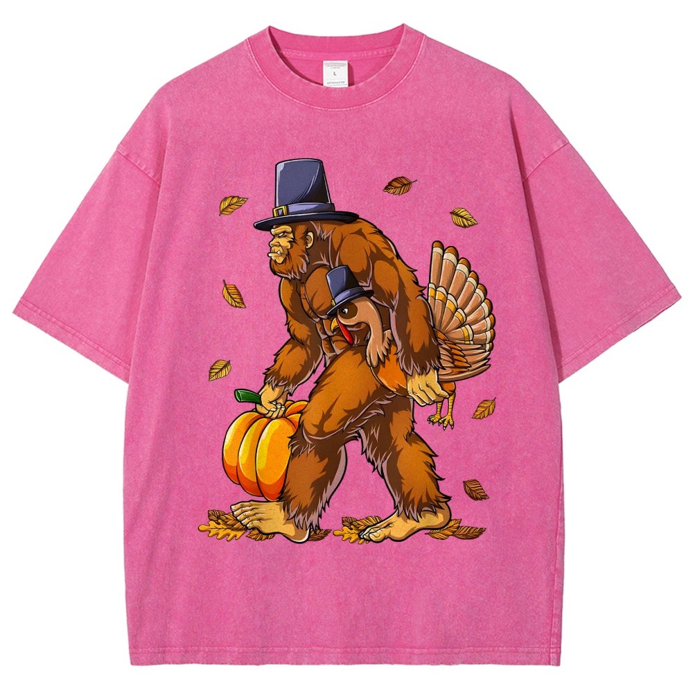 Turkey Pumpkin Thanksgiving Sasquatch Vintage Distressed T-shirt