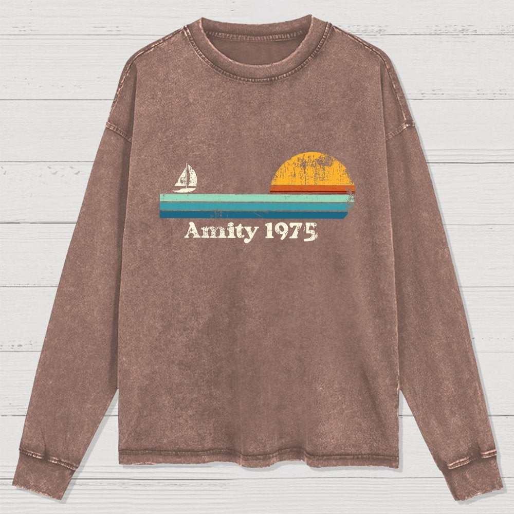 Amity 1975 Sunset Retro Sailboat Sunrise Summer Washed Long Sleeve Tee
