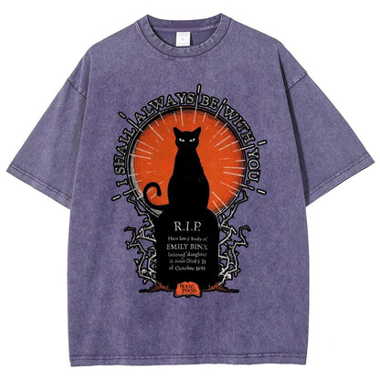 Halloween Cat Print Vintage Distressed T-shirt