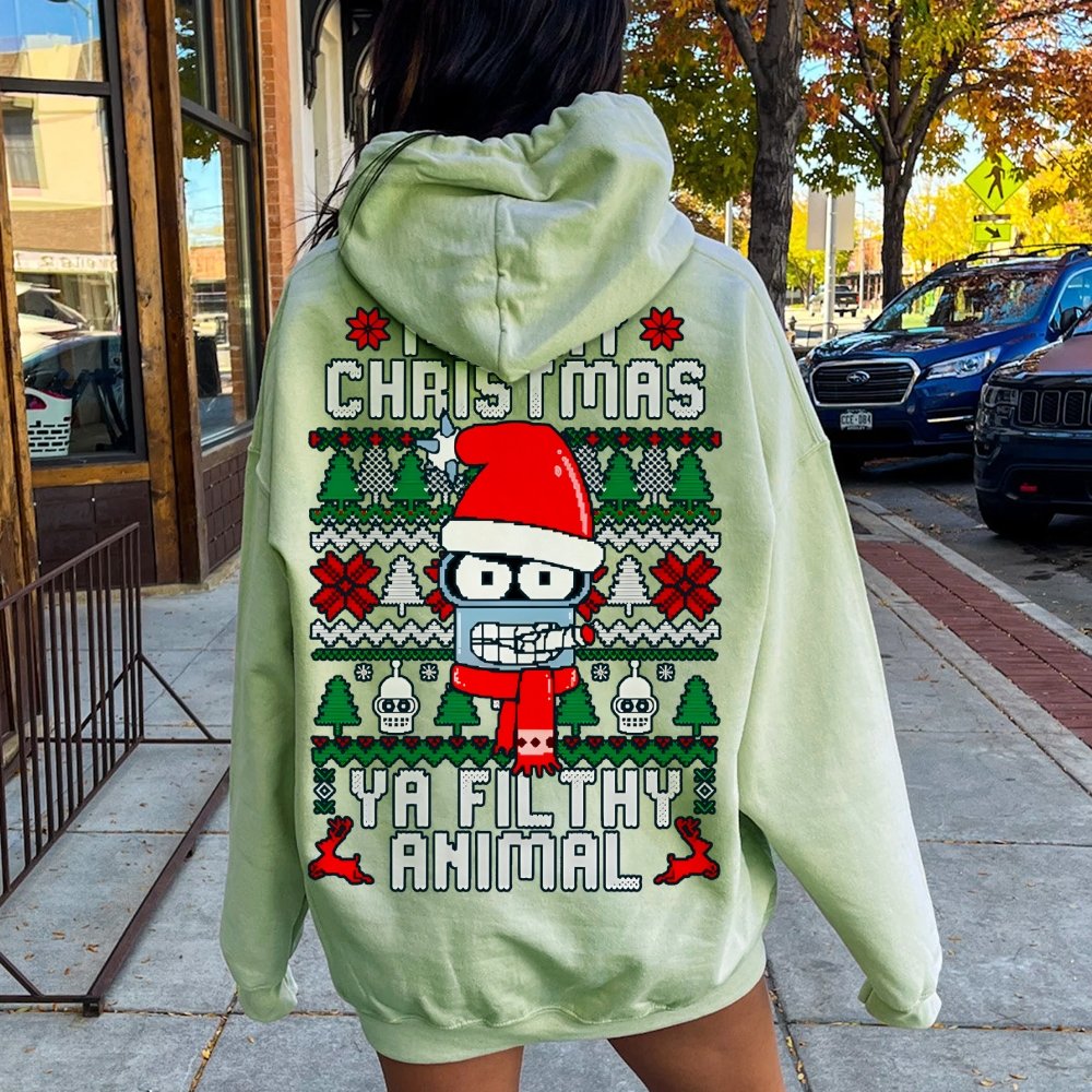 Merry Christmas Ya Filthy Animal Printed Back Cotton Hoodie
