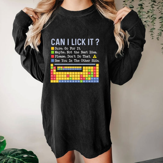 Can I Lick It Question Mark Periodic Table Of Elements Science Washed Long Sleeve Tee