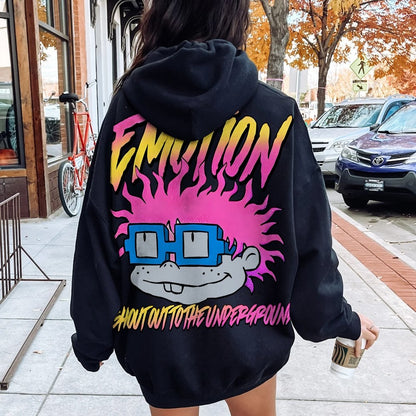 Vintage Cartoon Monster Graphic Print Printed Back Cotton Hoodie