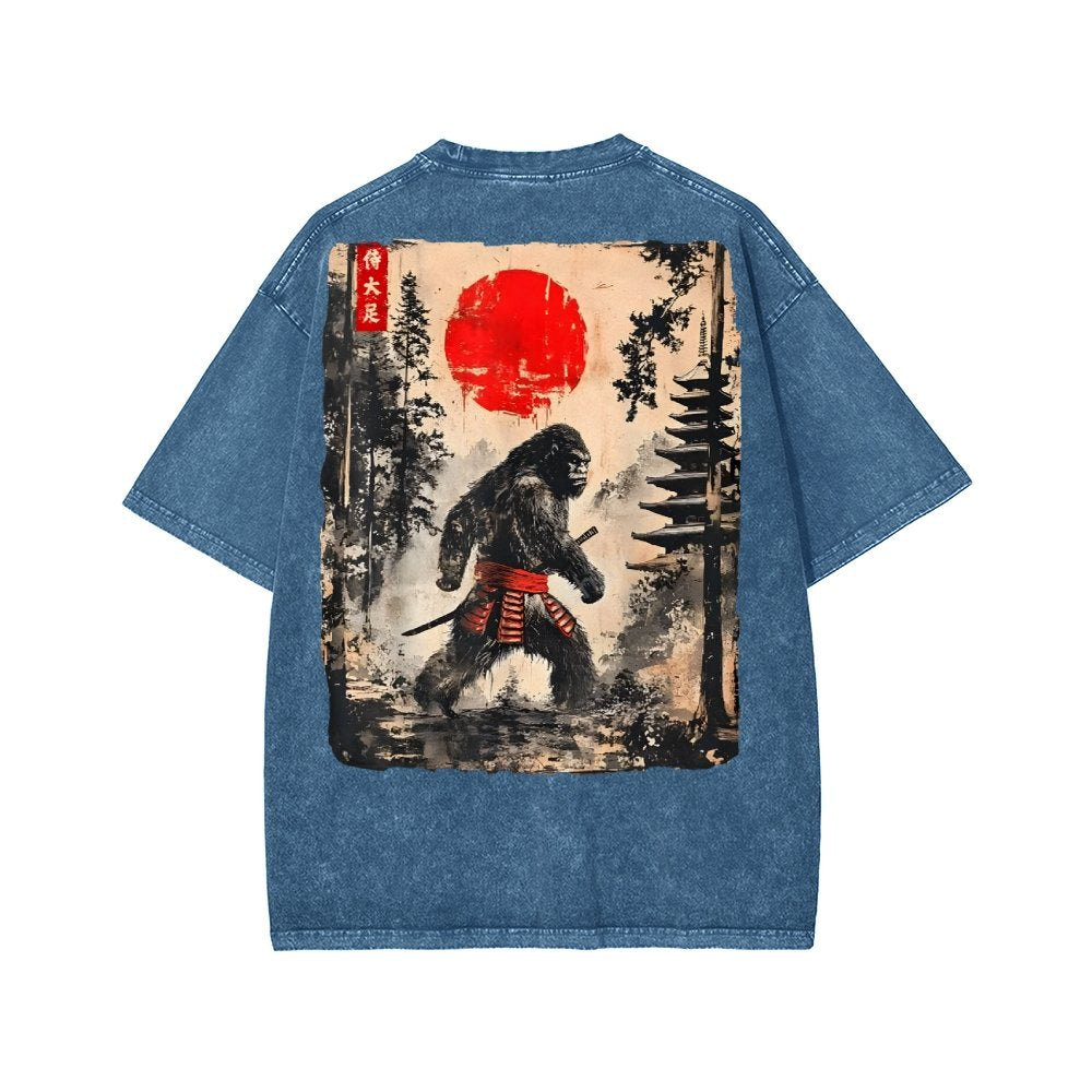Funny Samurai Ukiyo-e Vintage Graphic Washed T-shirt