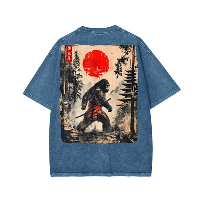 Funny Samurai Ukiyo-e Vintage Graphic Washed T-shirt