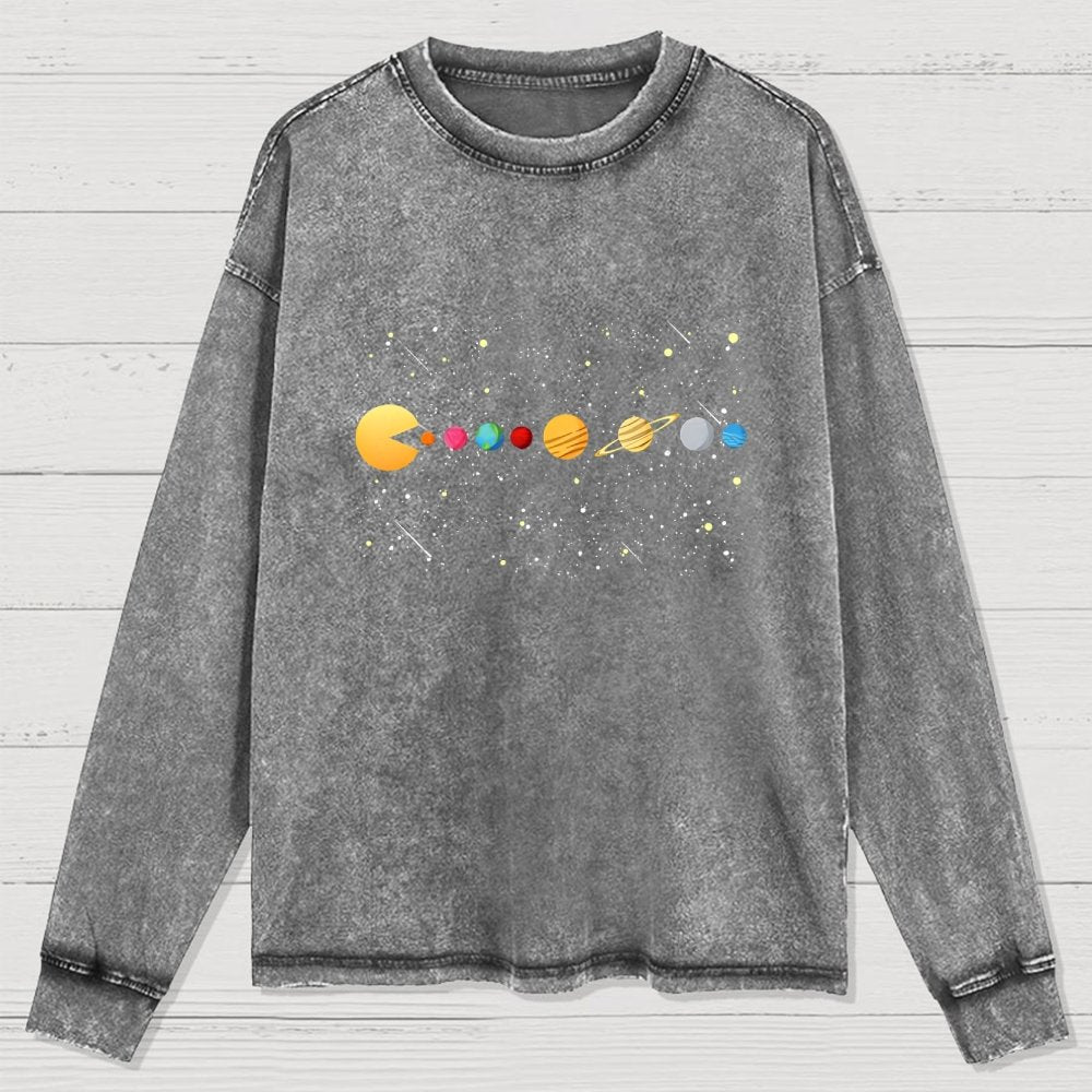 Funny Solar System - Astronauts Space Video Games Washed Long Sleeve Tee