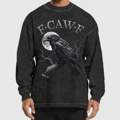 Black Crow F-Caw-F Funny Black Bird Moon Washed Long Sleeve Tee
