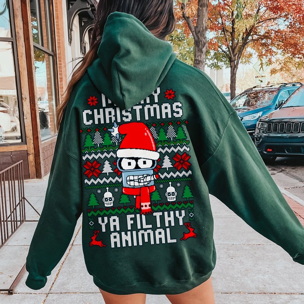 Merry Christmas Ya Filthy Animal Printed Back Cotton Hoodie