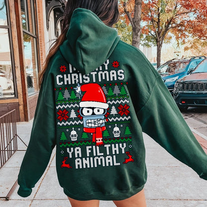 Merry Christmas Ya Filthy Animal Printed Back Cotton Hoodie