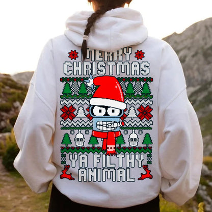 Merry Christmas Ya Filthy Animal Printed Back Cotton Hoodie