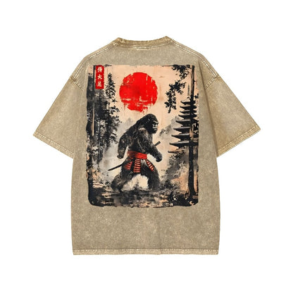 Funny Samurai Ukiyo-e Vintage Graphic Washed T-shirt