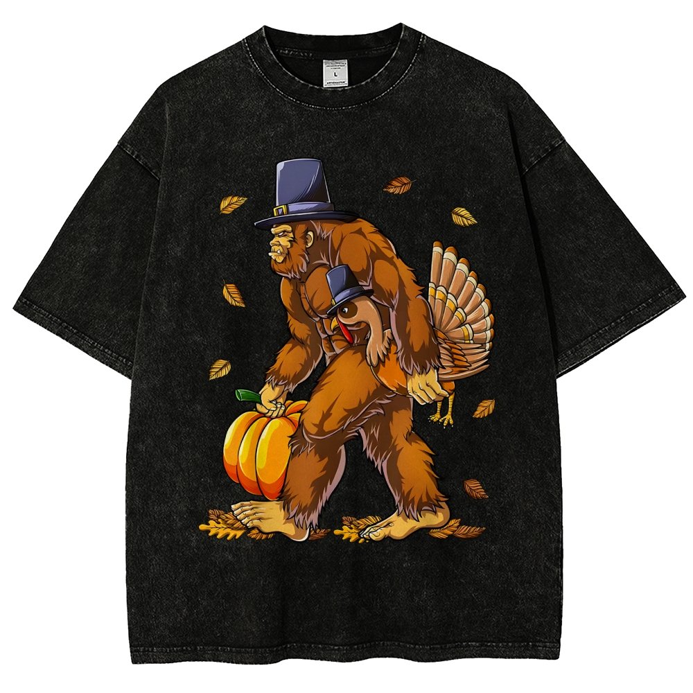 Turkey Pumpkin Thanksgiving Sasquatch Vintage Distressed T-shirt