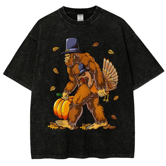 Turkey Pumpkin Thanksgiving Sasquatch Vintage Distressed T-shirt