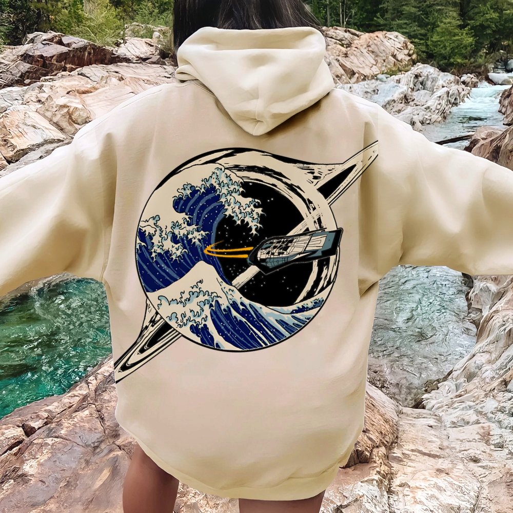 Interstellar Kanagawa Wave Printed Back Cotton Hoodie