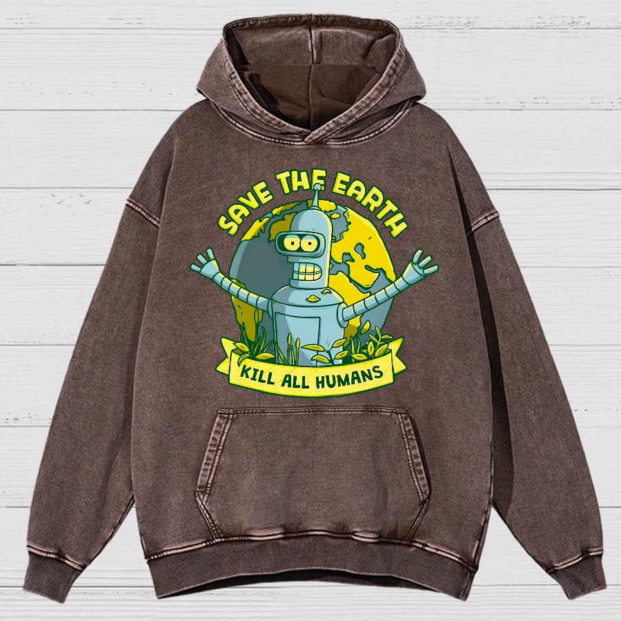 Save The Earth Kill All Humans Vintage Distressed Hoodie