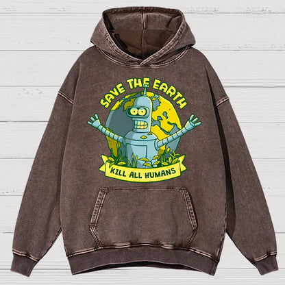 Save The Earth Kill All Humans Vintage Distressed Hoodie