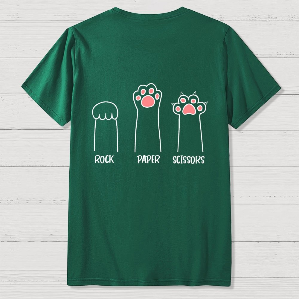 Rock Paper Scissors Hand Game Cute Paw Funny Cat Front And Back Printing Geek T-Shirt
