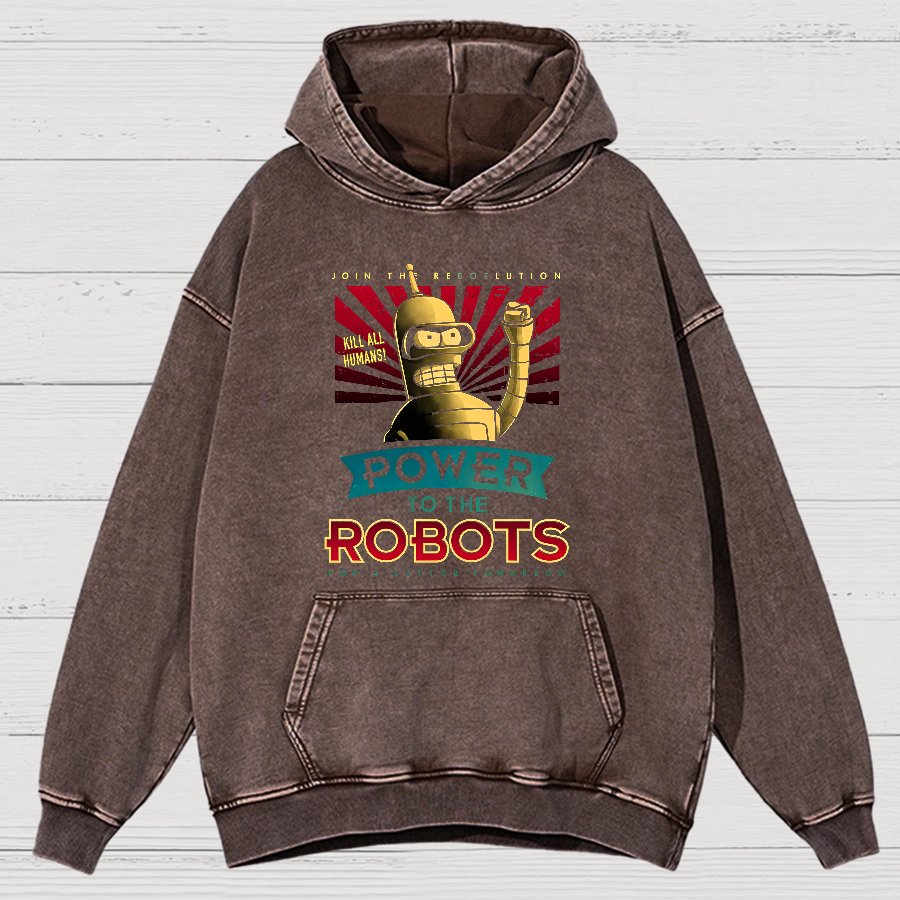 Power To The Robots Vintage Distressed Hoodie