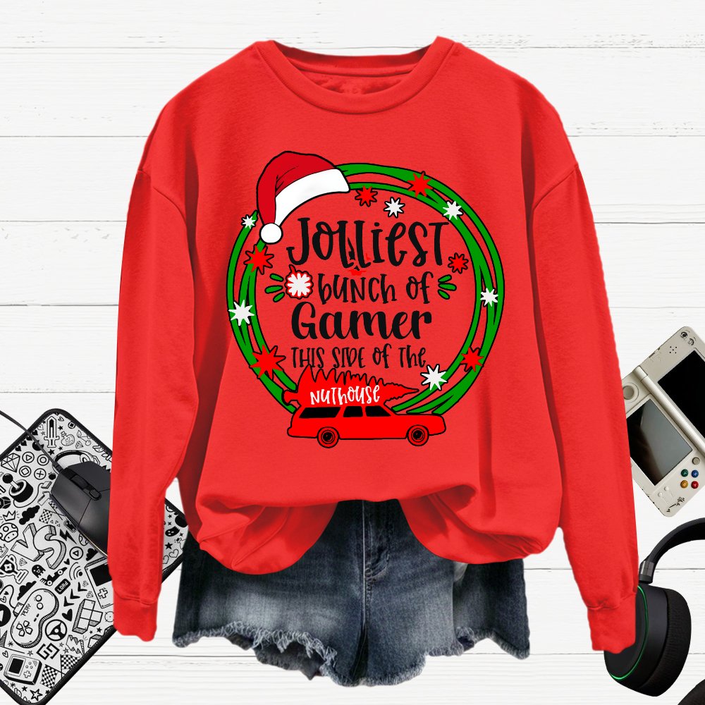 Jolliest Bunch Of Gamer Christmas Cotton Pullover Sweatshirt