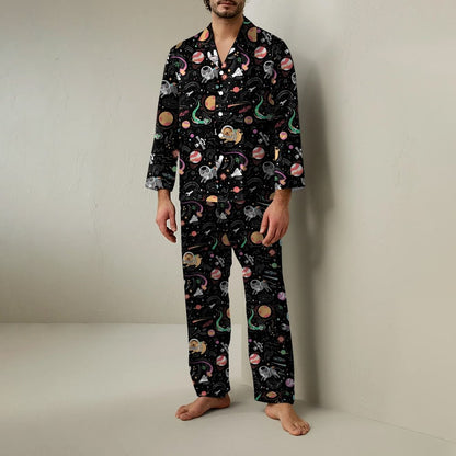 Space Cat Art Print Geek Long Sleeve Pajama Set