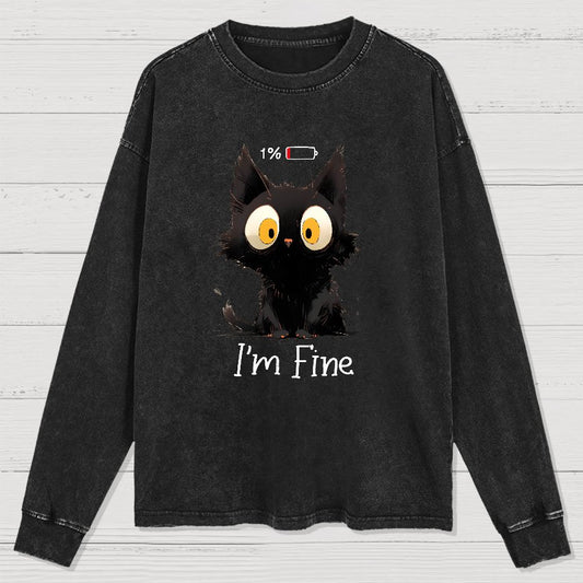 I'm Fine Black Cat Washed Long Sleeve Tee