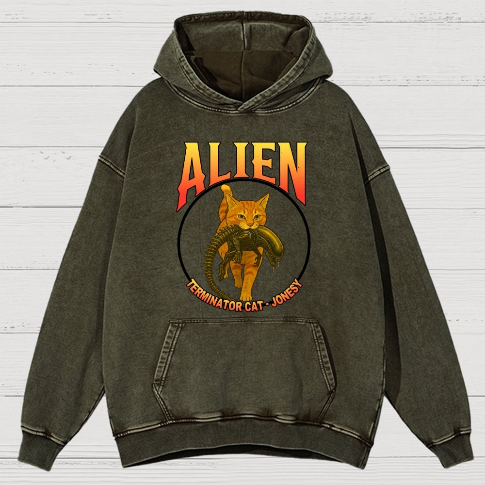 Black Cat Eating Alien Vintage Distressed Hoodie