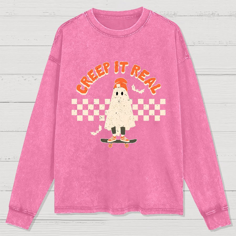 Creep it Real Vintage Ghost Halloween Washed Long Sleeve Tee