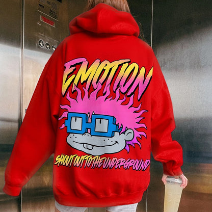 Vintage Cartoon Monster Graphic Print Printed Back Cotton Hoodie
