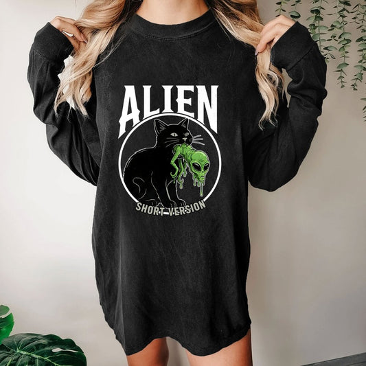 Black Cat Eating Alien Washed Long Sleeve Tee